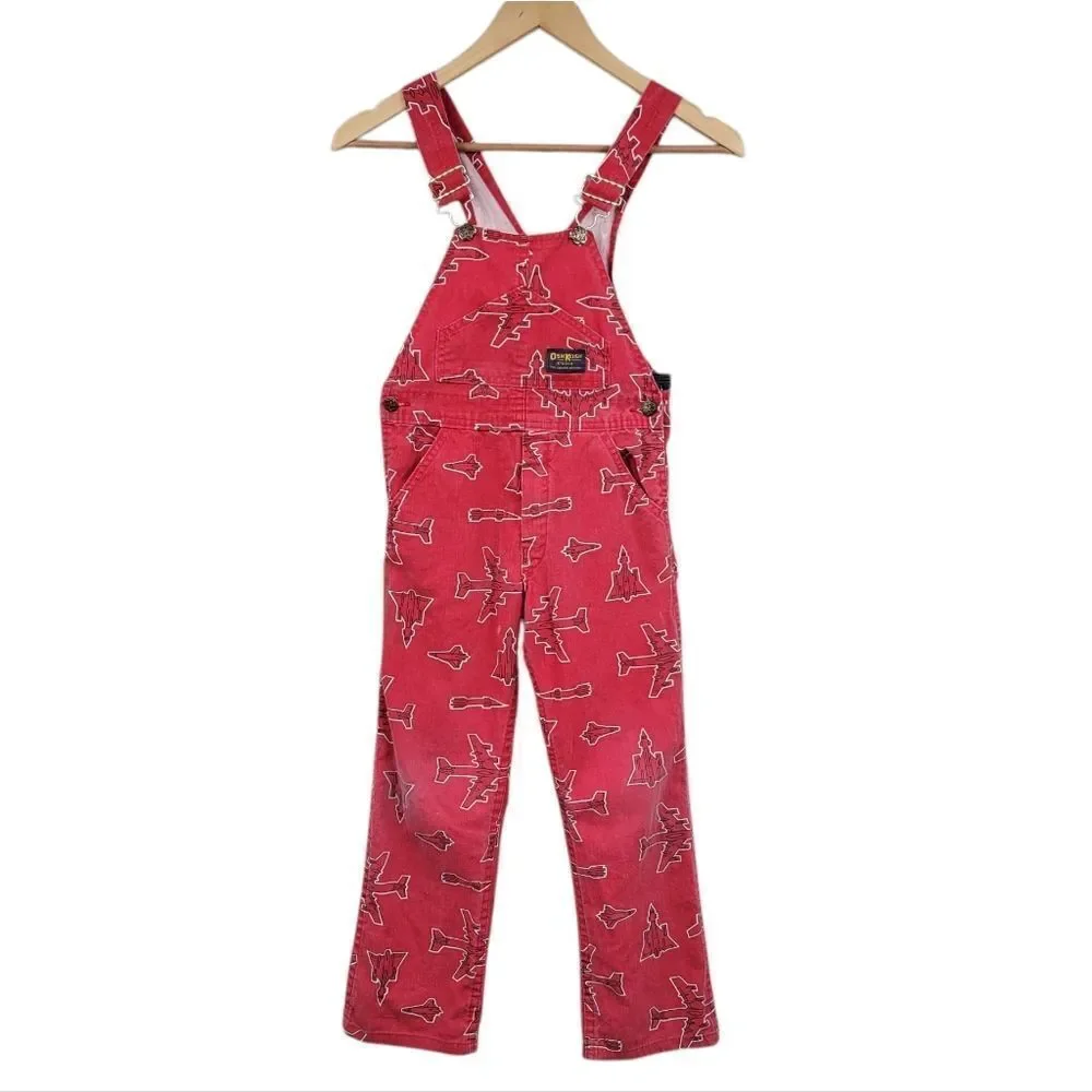 Oshkosh Vintage Vestbak Red Airplane Print Overalls Size 7